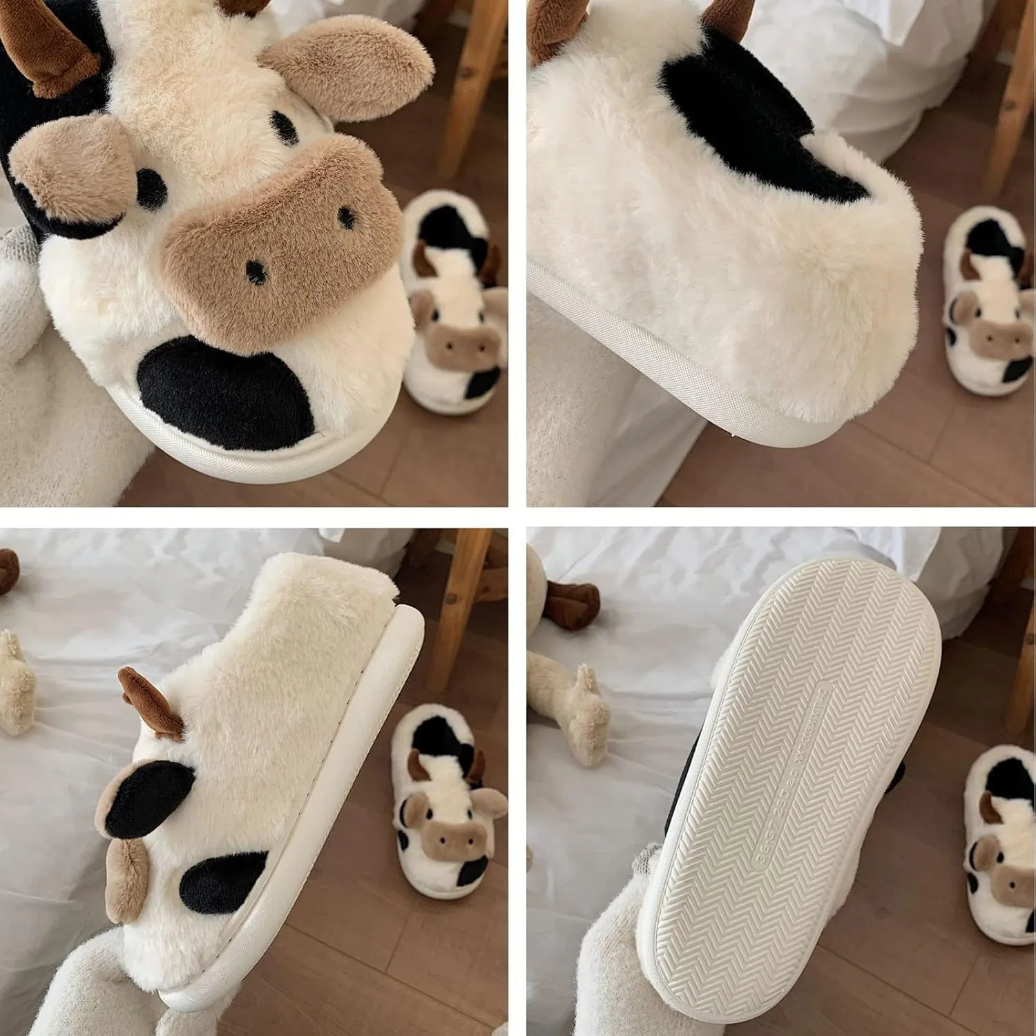 Cow Slides Slippers Unisex Adult Sandals Winter Indoor Outdoor Slippers，Cartoon Fluffy Cotton Non-Slip Slippers Cute Soft Plush Sandals
