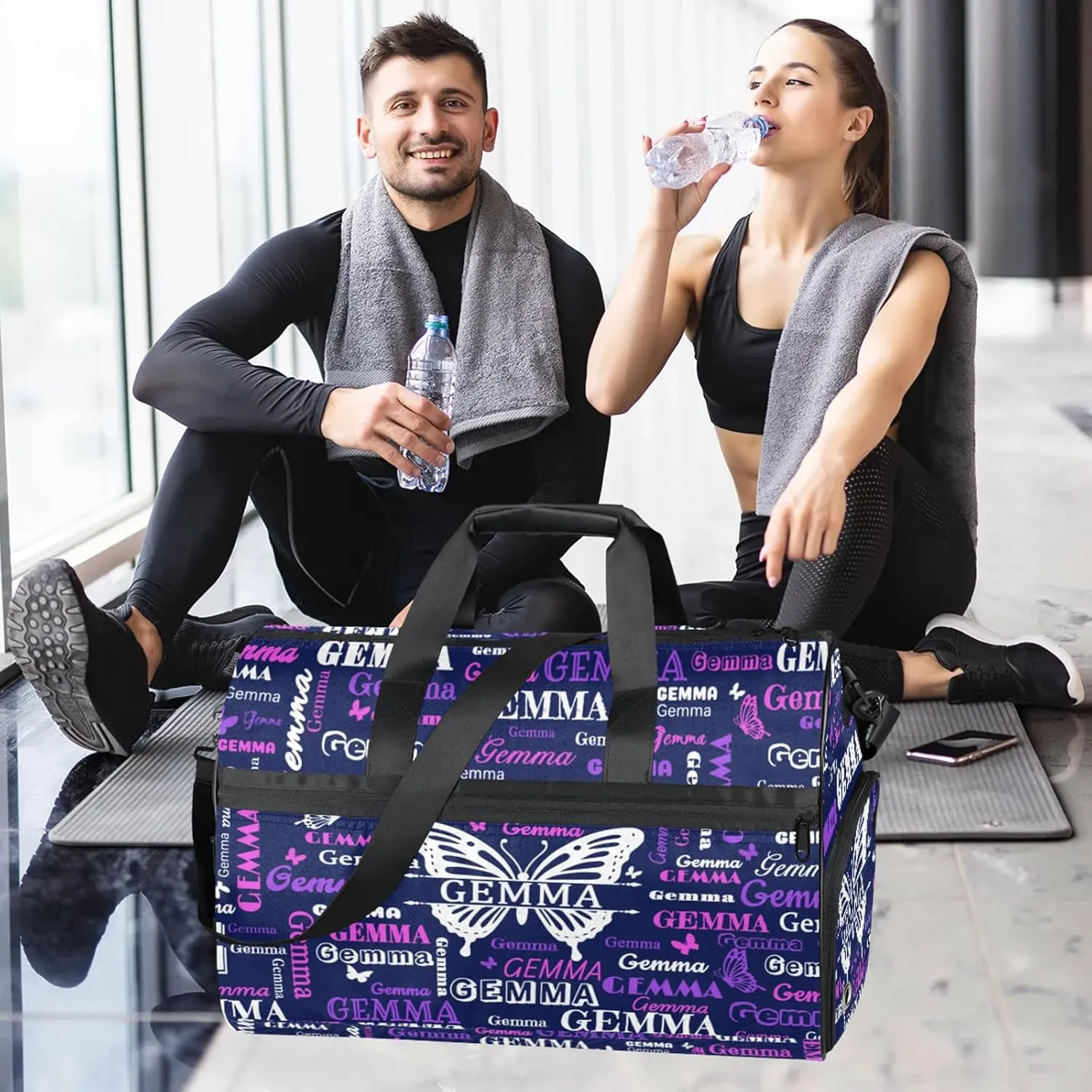 Custom Sport Duffel Bag with Name Butterfly Travel Overnight Bag with Shoes Compartment for Women Men Waterproof Dance Ballet Bag Lightweight, Dark Blue