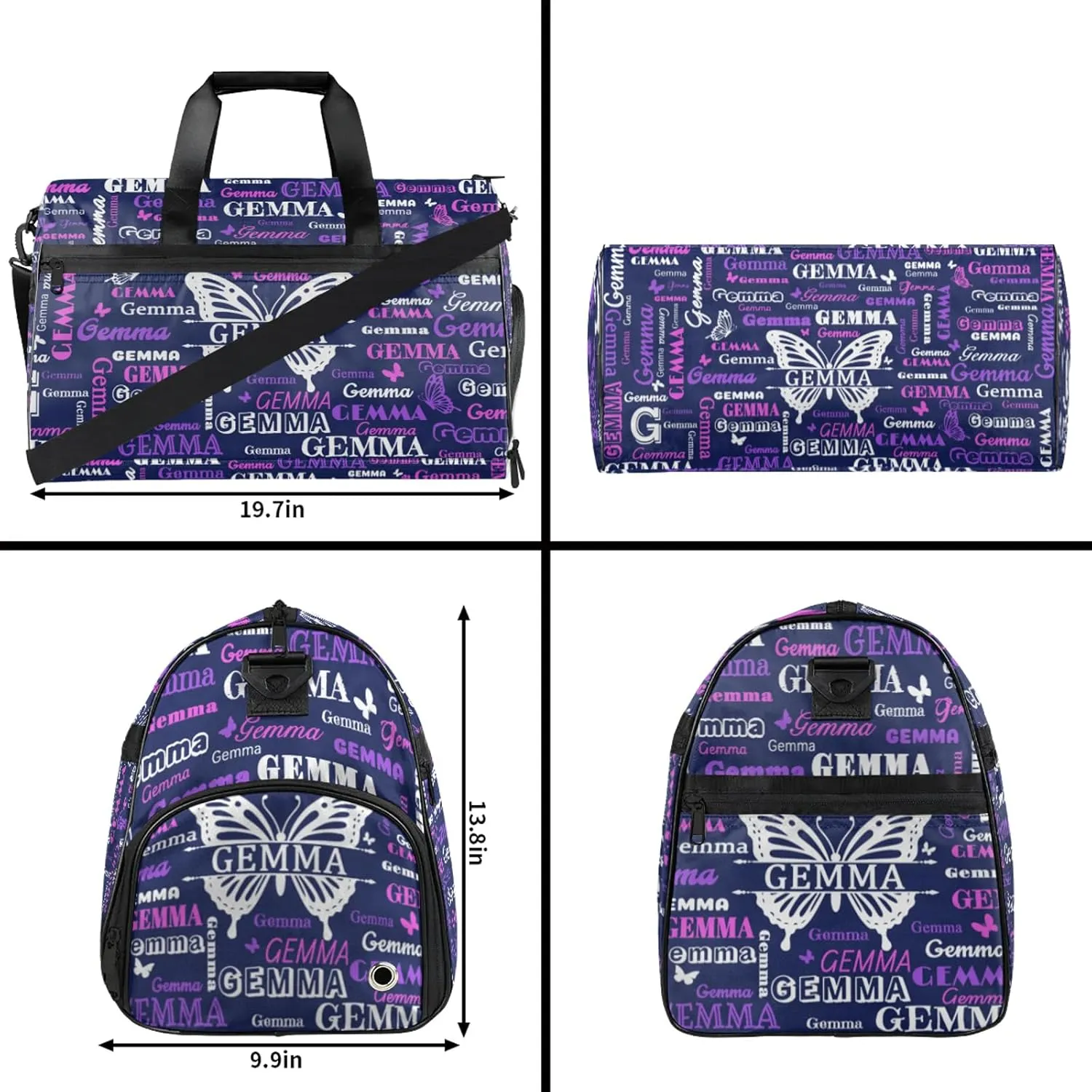 Custom Sport Duffel Bag with Name Butterfly Travel Overnight Bag with Shoes Compartment for Women Men Waterproof Dance Ballet Bag Lightweight, Dark Blue