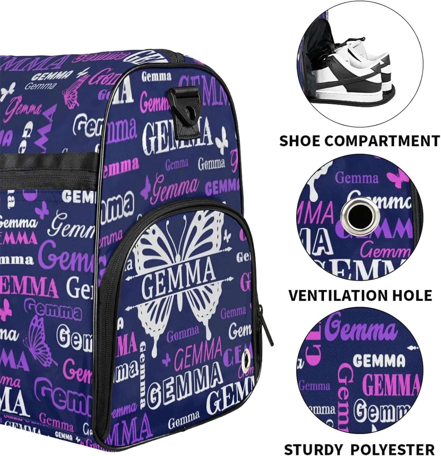 Custom Sport Duffel Bag with Name Butterfly Travel Overnight Bag with Shoes Compartment for Women Men Waterproof Dance Ballet Bag Lightweight, Dark Blue