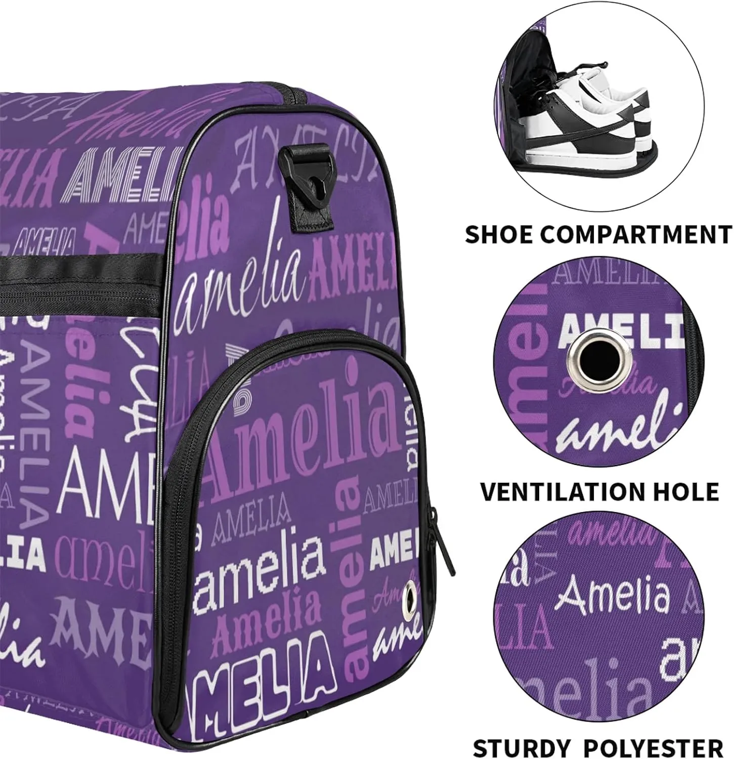 Custom Sports Duffel Bag with Name Personalized Gymnastics Bag with Shoes Compartment for Women Dance Ballet Bag Travel Duffels Lightweight, Dark Purple