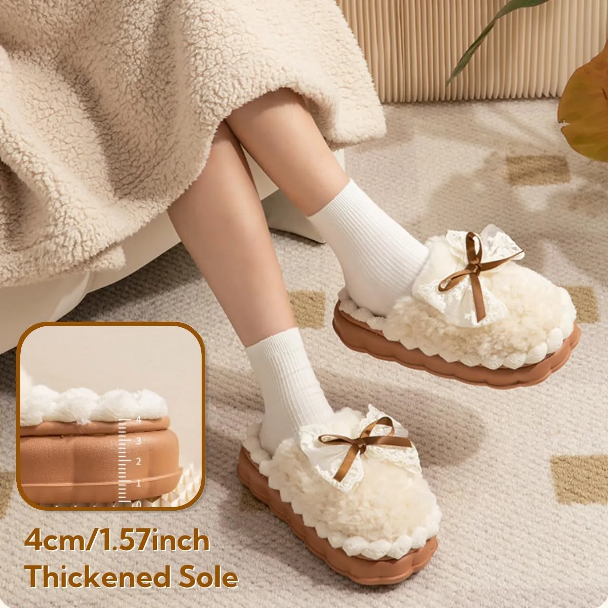 Cute Bow Fuzzy Slippers for Women, Fluffy Cozy Warm Womens Slippers with Thick Sole