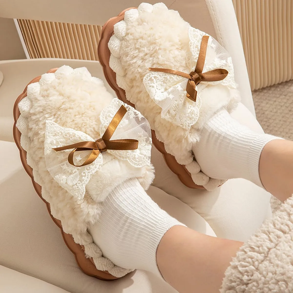 Cute Bow Fuzzy Slippers for Women, Fluffy Cozy Warm Womens Slippers with Thick Sole