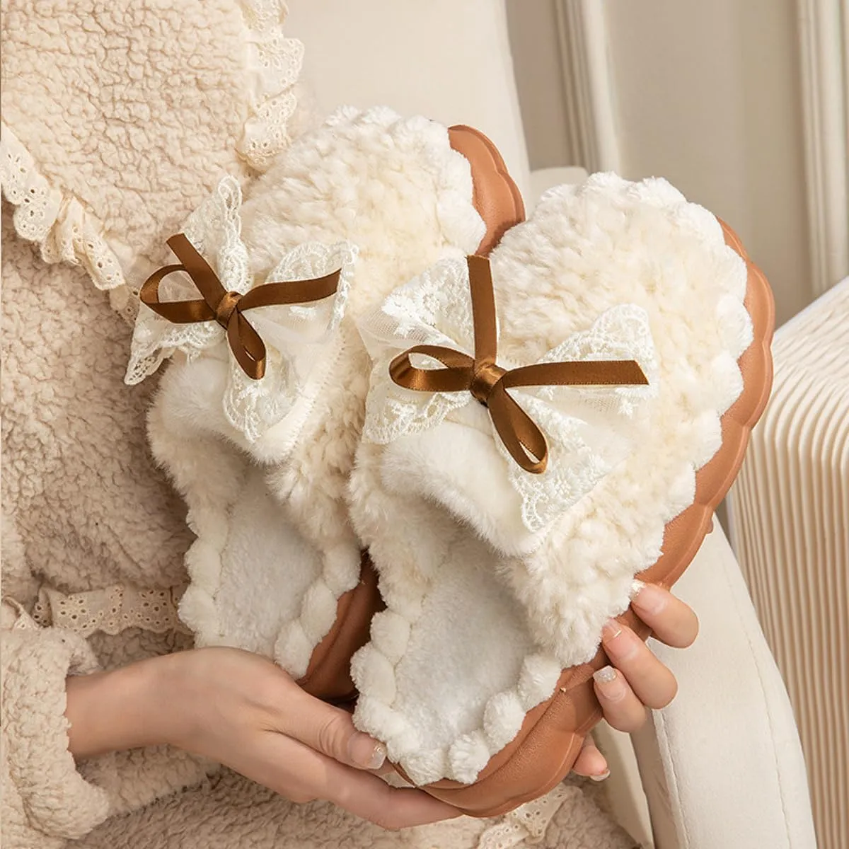 Cute Bow Fuzzy Slippers for Women, Fluffy Cozy Warm Womens Slippers with Thick Sole