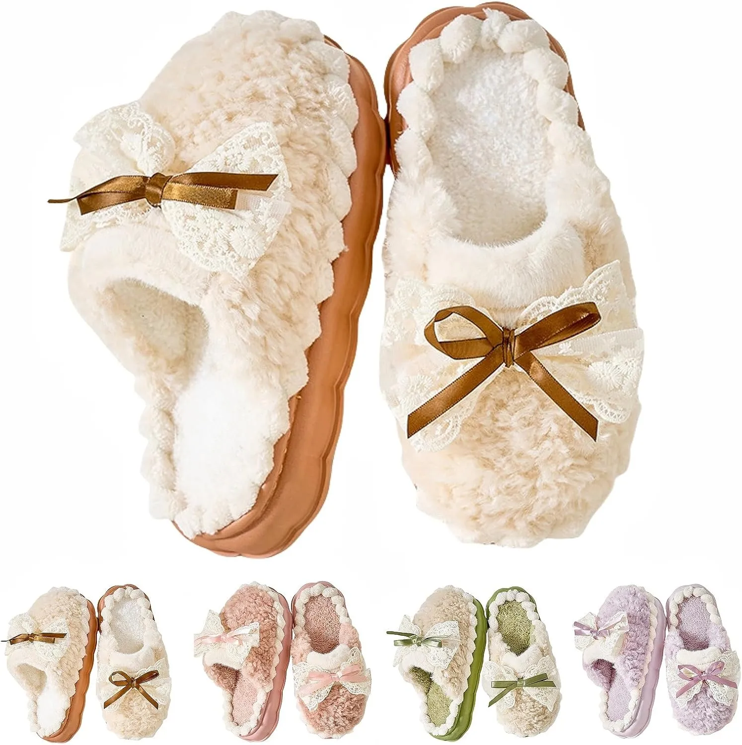 Cute Bow Fuzzy Slippers for Women, Fluffy Cozy Warm Womens Slippers with Thick Sole