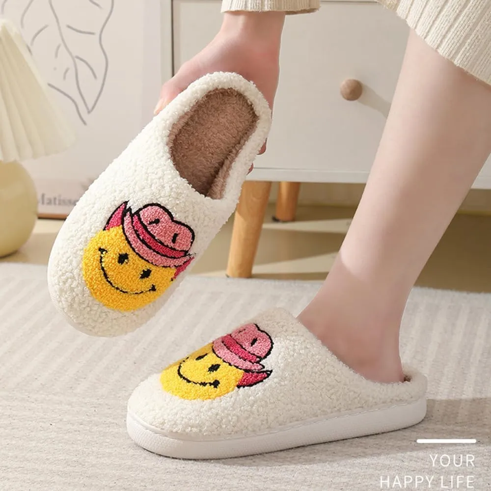 Cute Happy Face Slippers for Women Men, Retro Soft Plush Warm Cushioned Lightweight Non-Slip House Slippers Cozy Indoor Outdoor Slippers