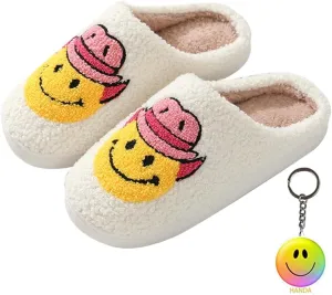 Cute Happy Face Slippers for Women Men, Retro Soft Plush Warm Cushioned Lightweight Non-Slip House Slippers Cozy Indoor Outdoor Slippers