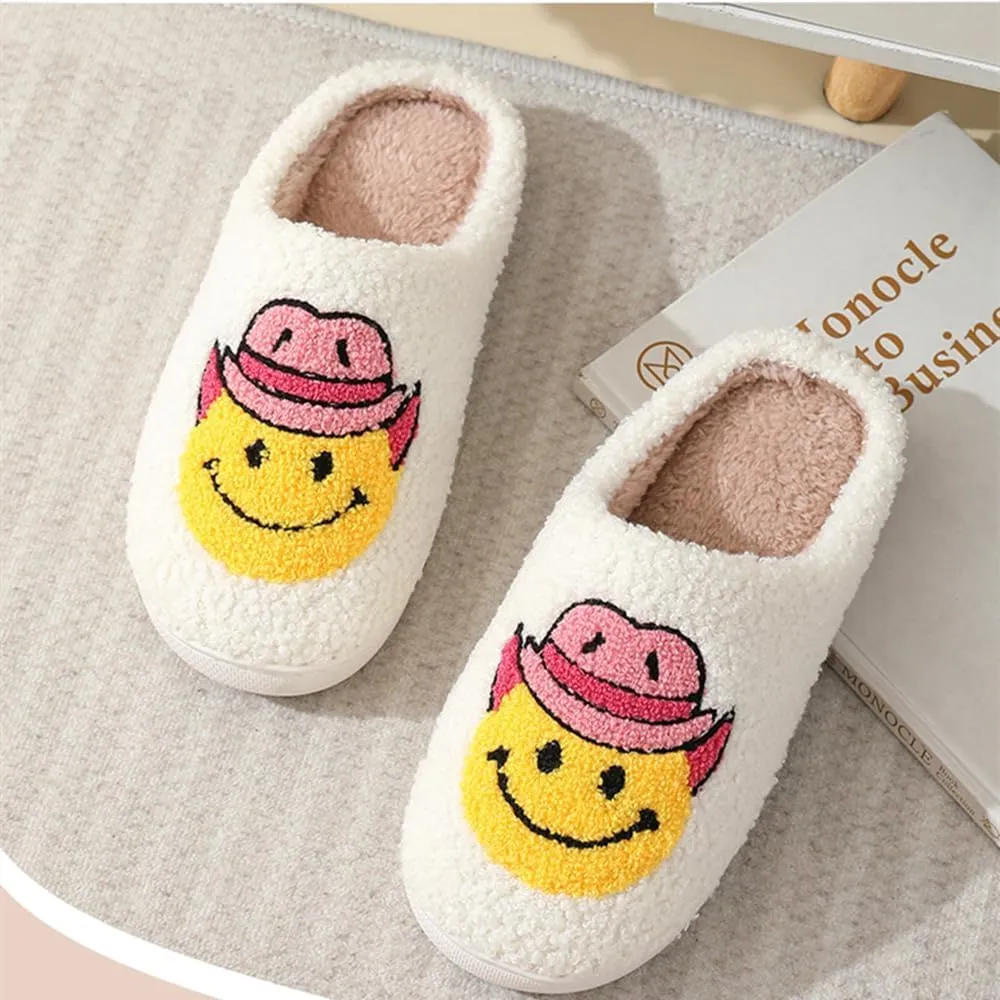 Cute Happy Face Slippers for Women Men, Retro Soft Plush Warm Cushioned Lightweight Non-Slip House Slippers Cozy Indoor Outdoor Slippers