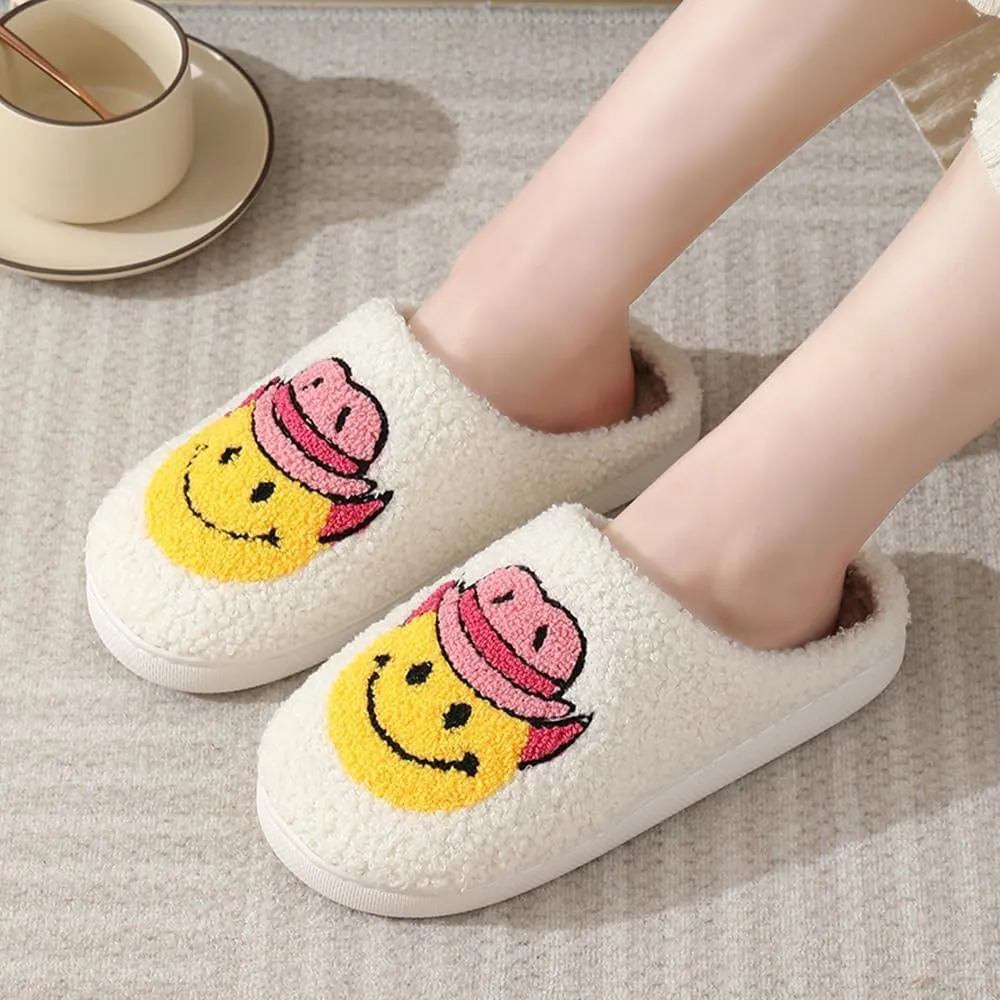 Cute Happy Face Slippers for Women Men, Retro Soft Plush Warm Cushioned Lightweight Non-Slip House Slippers Cozy Indoor Outdoor Slippers