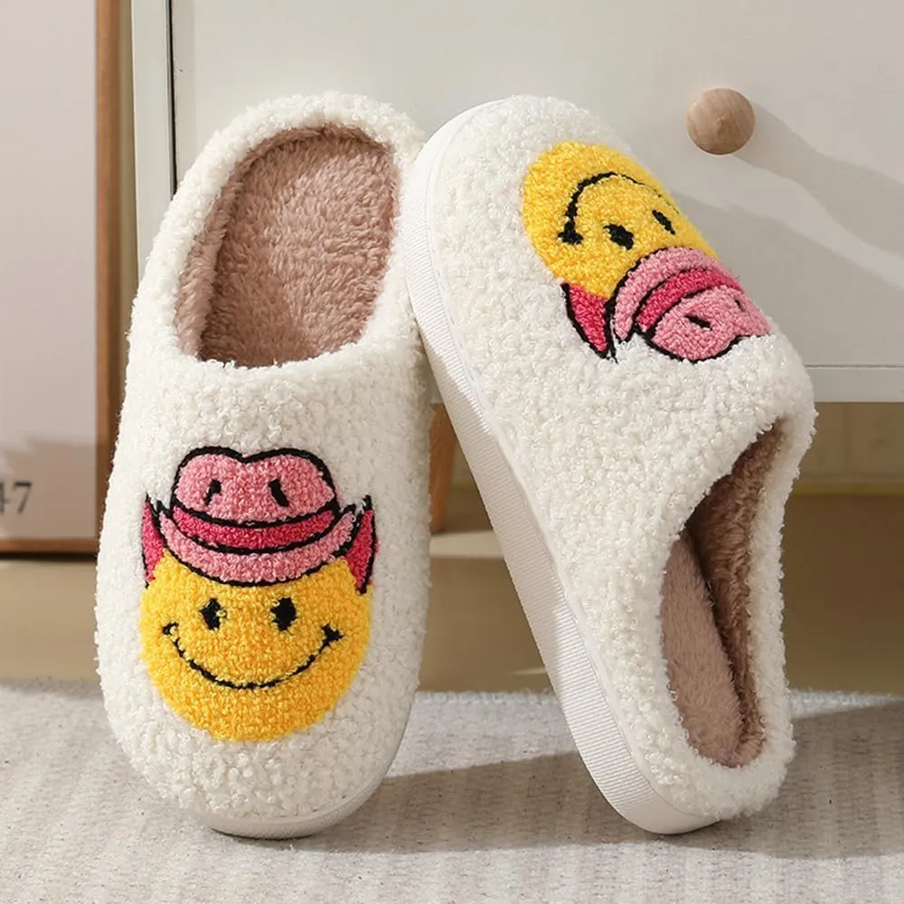 Cute Happy Face Slippers for Women Men, Retro Soft Plush Warm Cushioned Lightweight Non-Slip House Slippers Cozy Indoor Outdoor Slippers