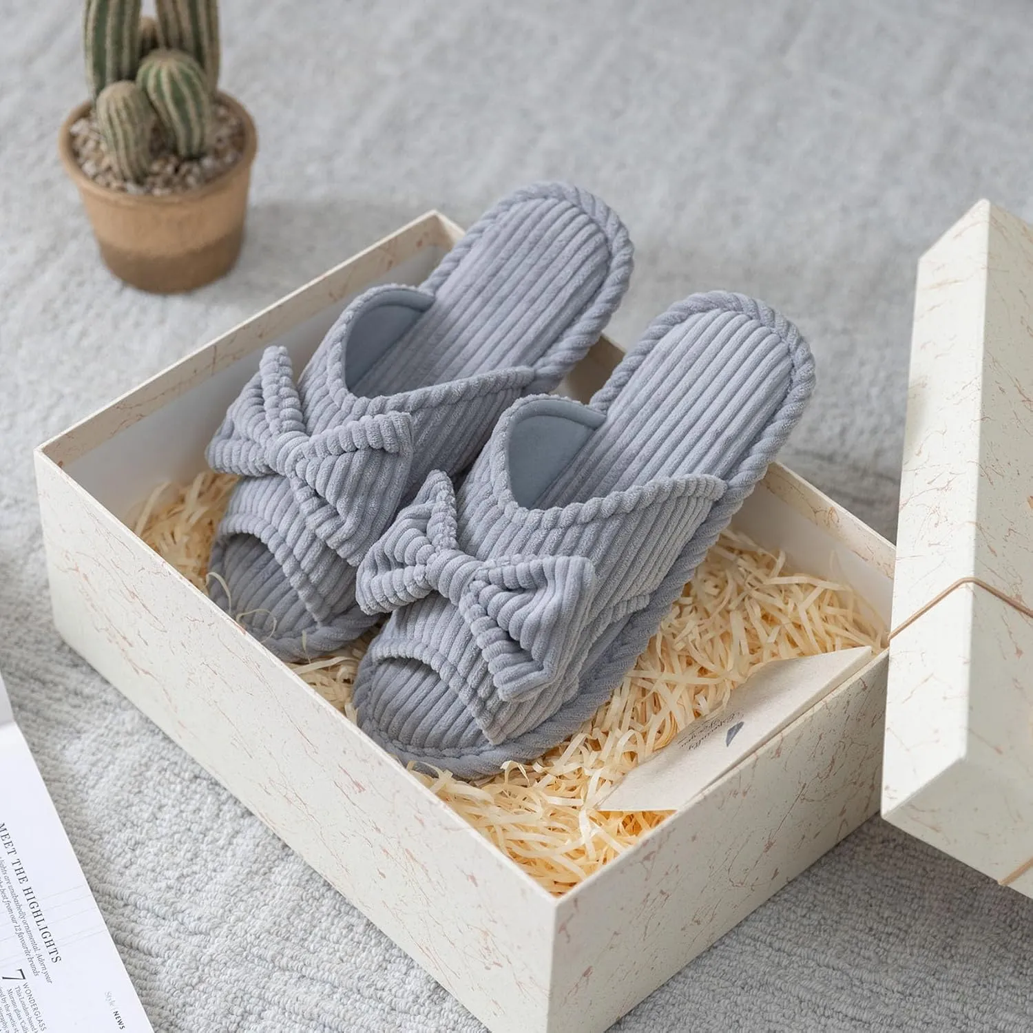 Cute Slippers for Women Indoor and Outdoor Cozy Soft Bow Open Toe Womens Slippers with Memory Foam Anti-Skid Sole Slides Spa Birthday Gifts for Women Mom Her Ladies Bridesmaid