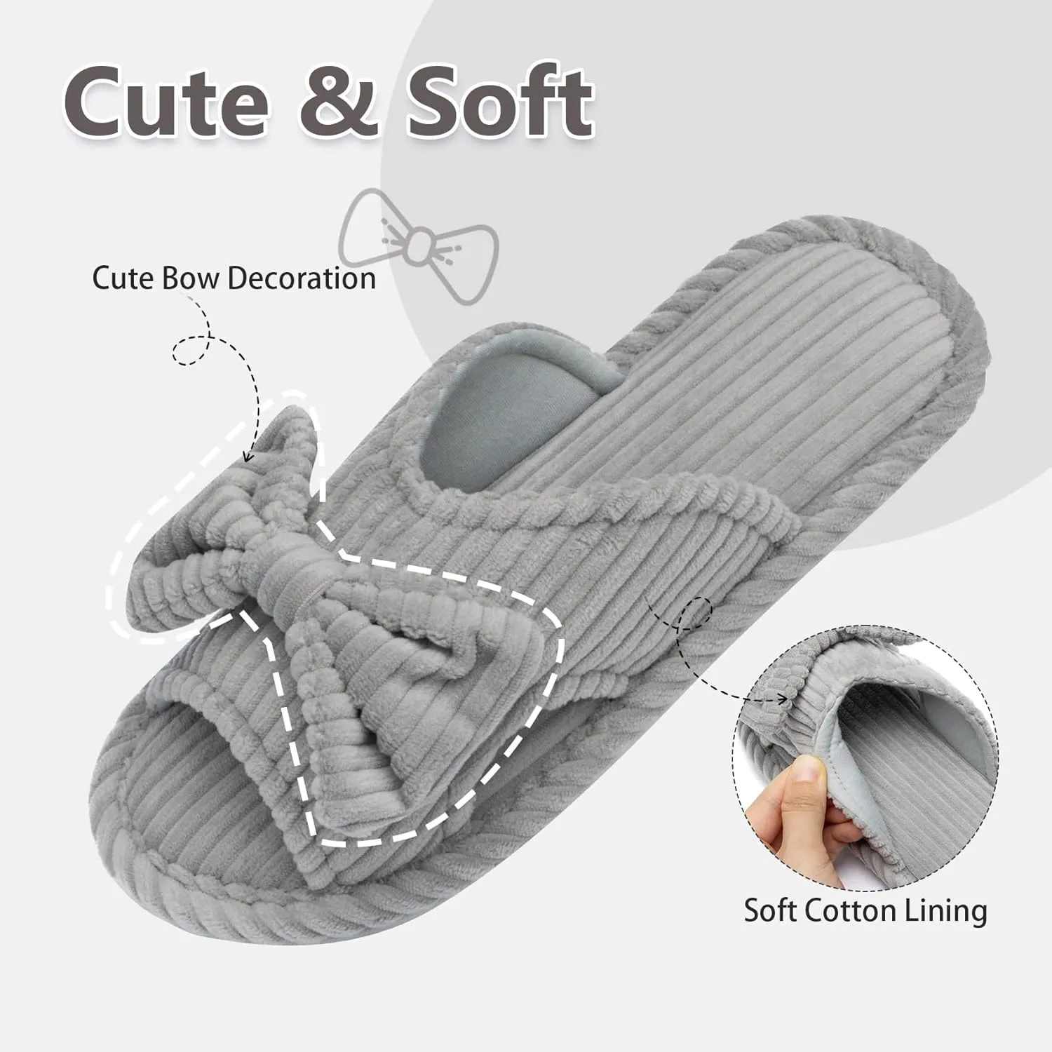 Cute Slippers for Women Indoor and Outdoor Cozy Soft Bow Open Toe Womens Slippers with Memory Foam Anti-Skid Sole Slides Spa Birthday Gifts for Women Mom Her Ladies Bridesmaid