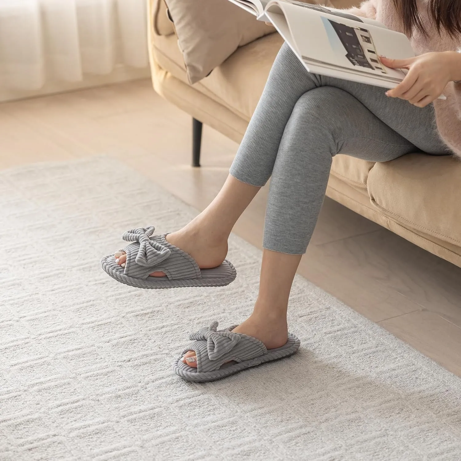 Cute Slippers for Women Indoor and Outdoor Cozy Soft Bow Open Toe Womens Slippers with Memory Foam Anti-Skid Sole Slides Spa Birthday Gifts for Women Mom Her Ladies Bridesmaid
