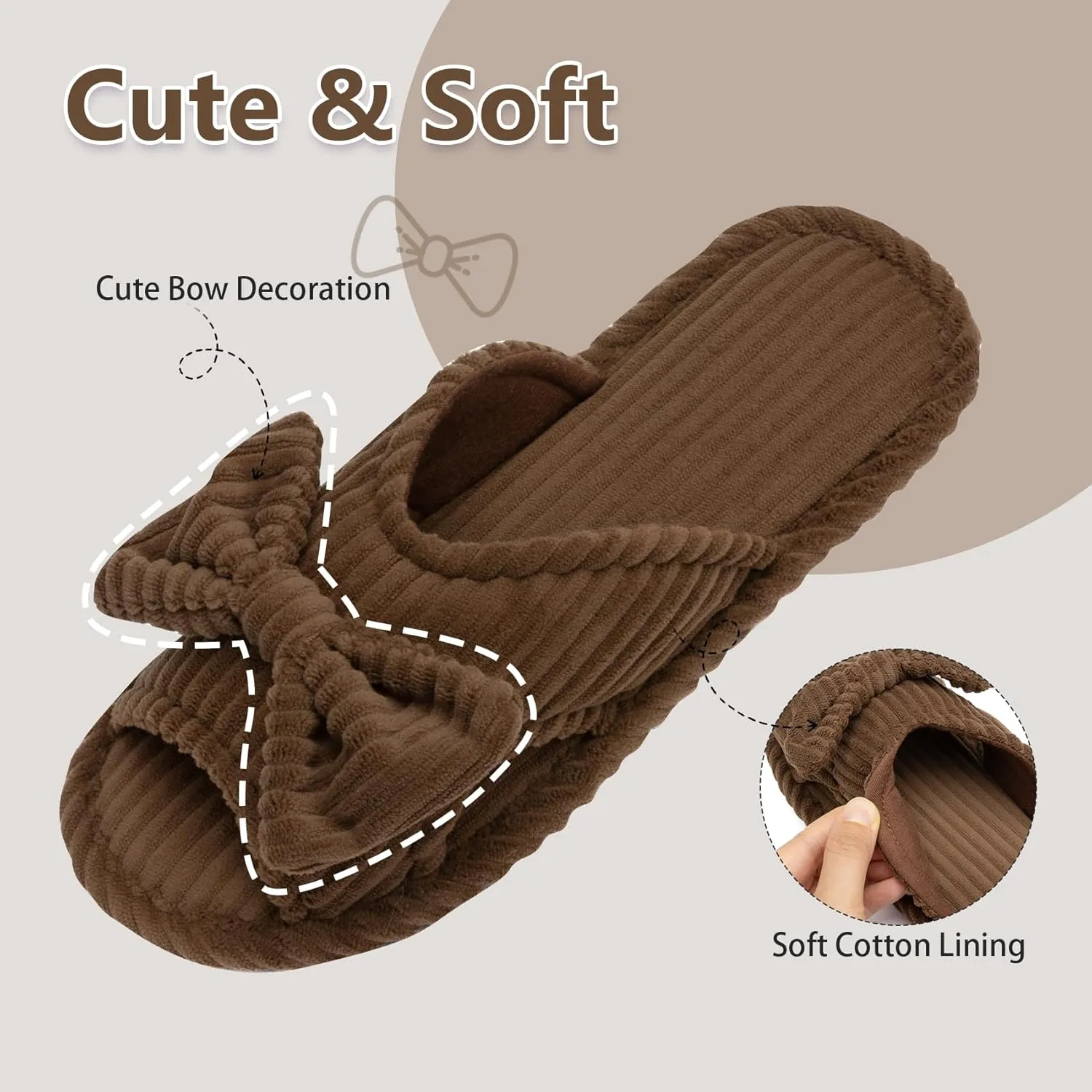 Cute Slippers for Women Indoor and Outdoor Cozy Soft Bow Open Toe Womens Slippers with Memory Foam Anti-Skid Sole Slides Spa Birthday Gifts for Women Mom Her Ladies Bridesmaid