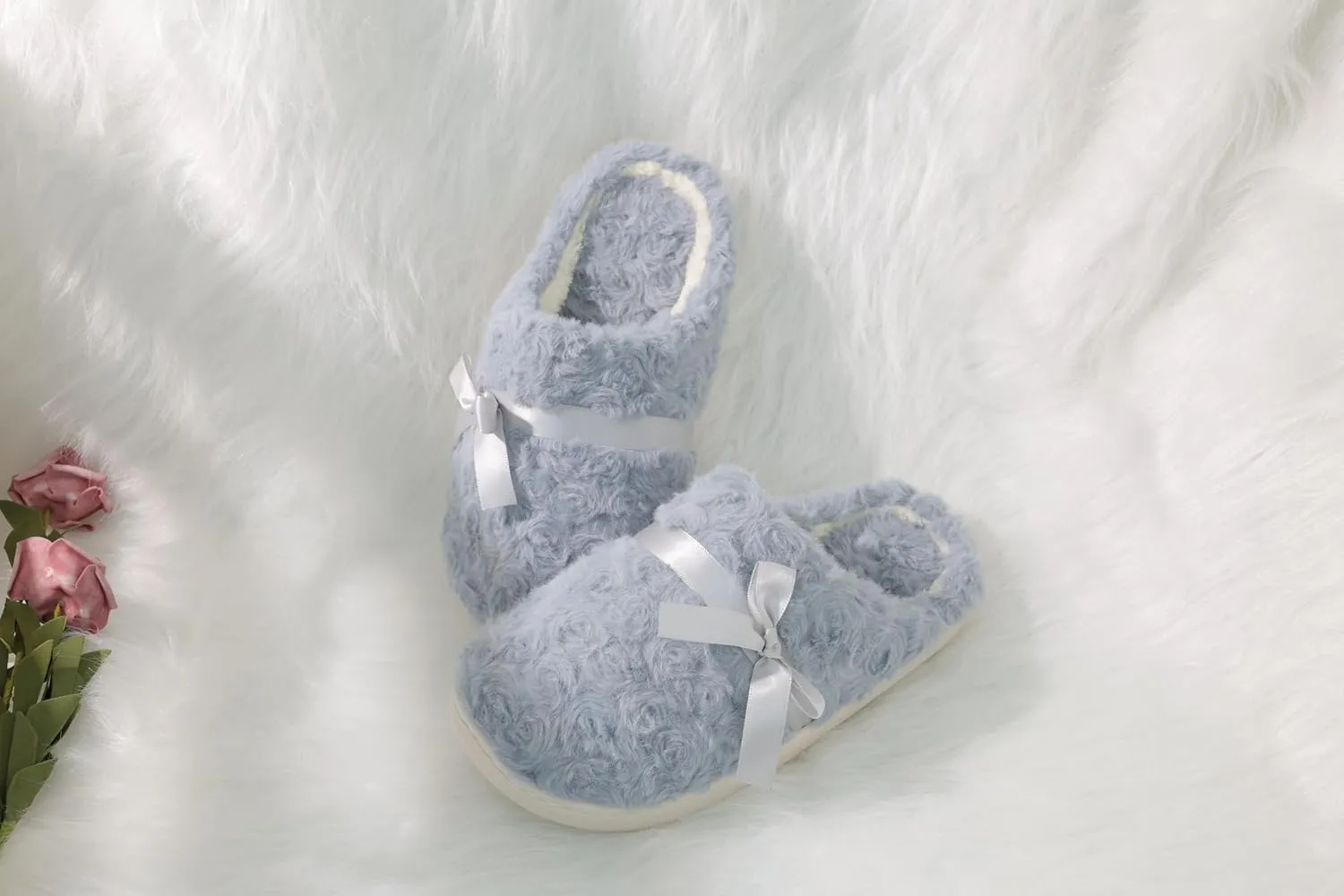 DCLTD Fluffy House Slippers for Women Flower Bedroom Shoes Cozy Warm Slip on Indoor and Outdoor Winter Shoes Super Soft Rose Slippers Christmas Gifts