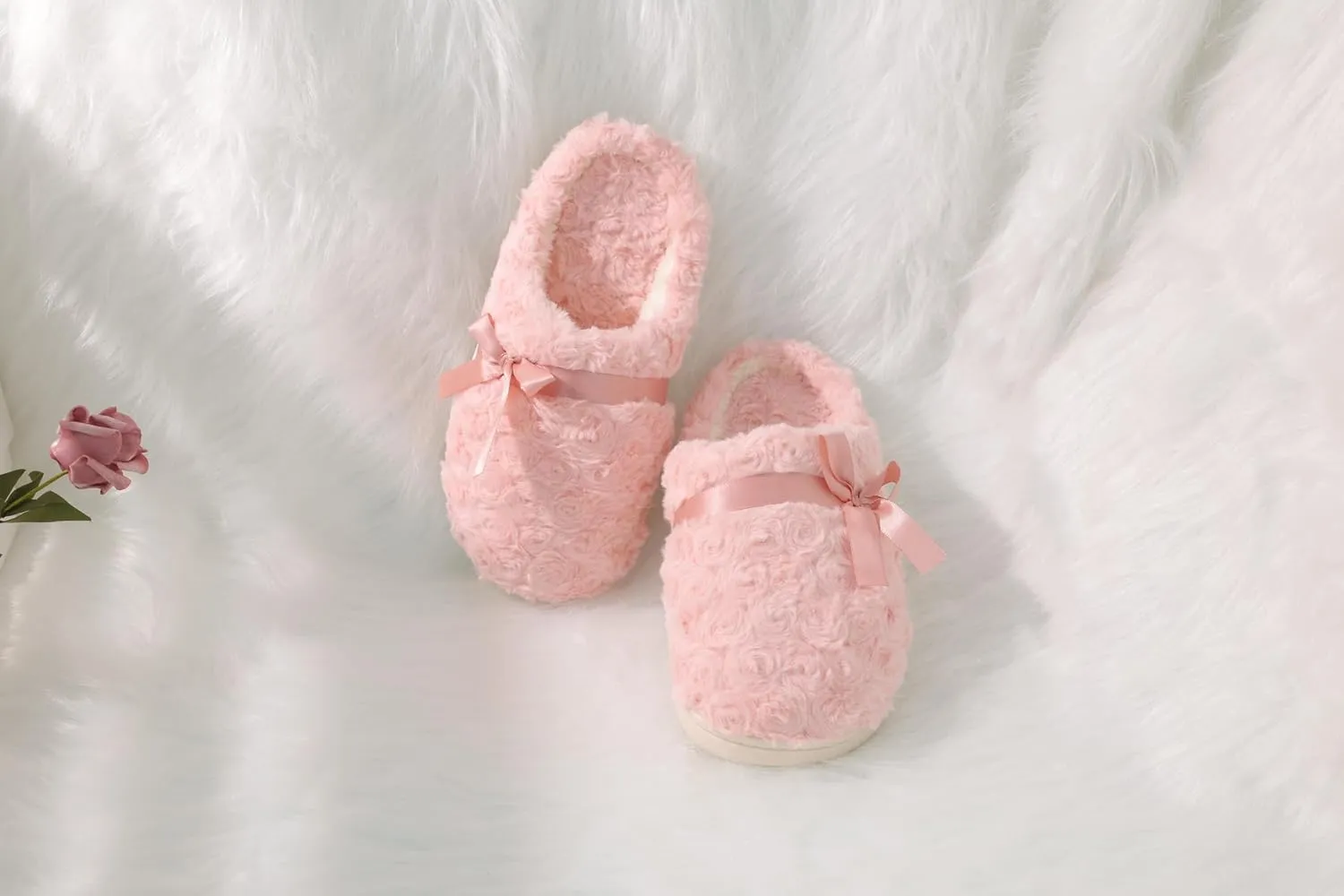 DCLTD Fluffy House Slippers for Women Flower Bedroom Shoes Cozy Warm Slip on Indoor and Outdoor Winter Shoes Super Soft Rose Slippers Christmas Gifts