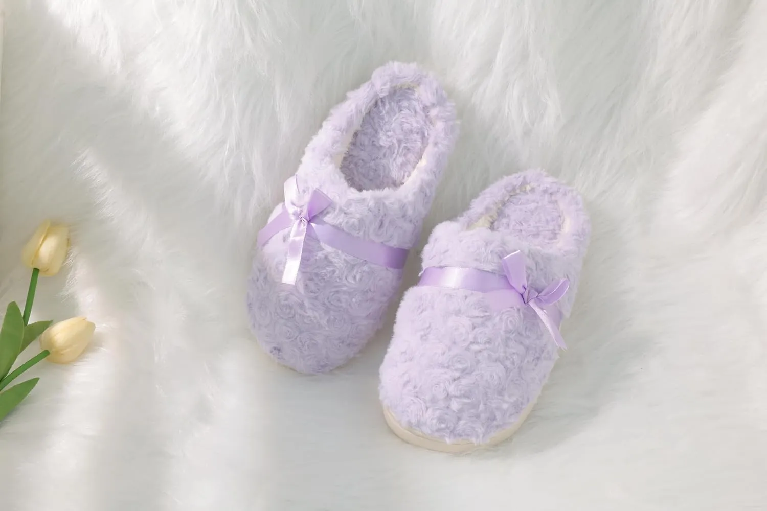 DCLTD Fluffy House Slippers for Women Flower Bedroom Shoes Cozy Warm Slip on Indoor and Outdoor Winter Shoes Super Soft Rose Slippers Christmas Gifts