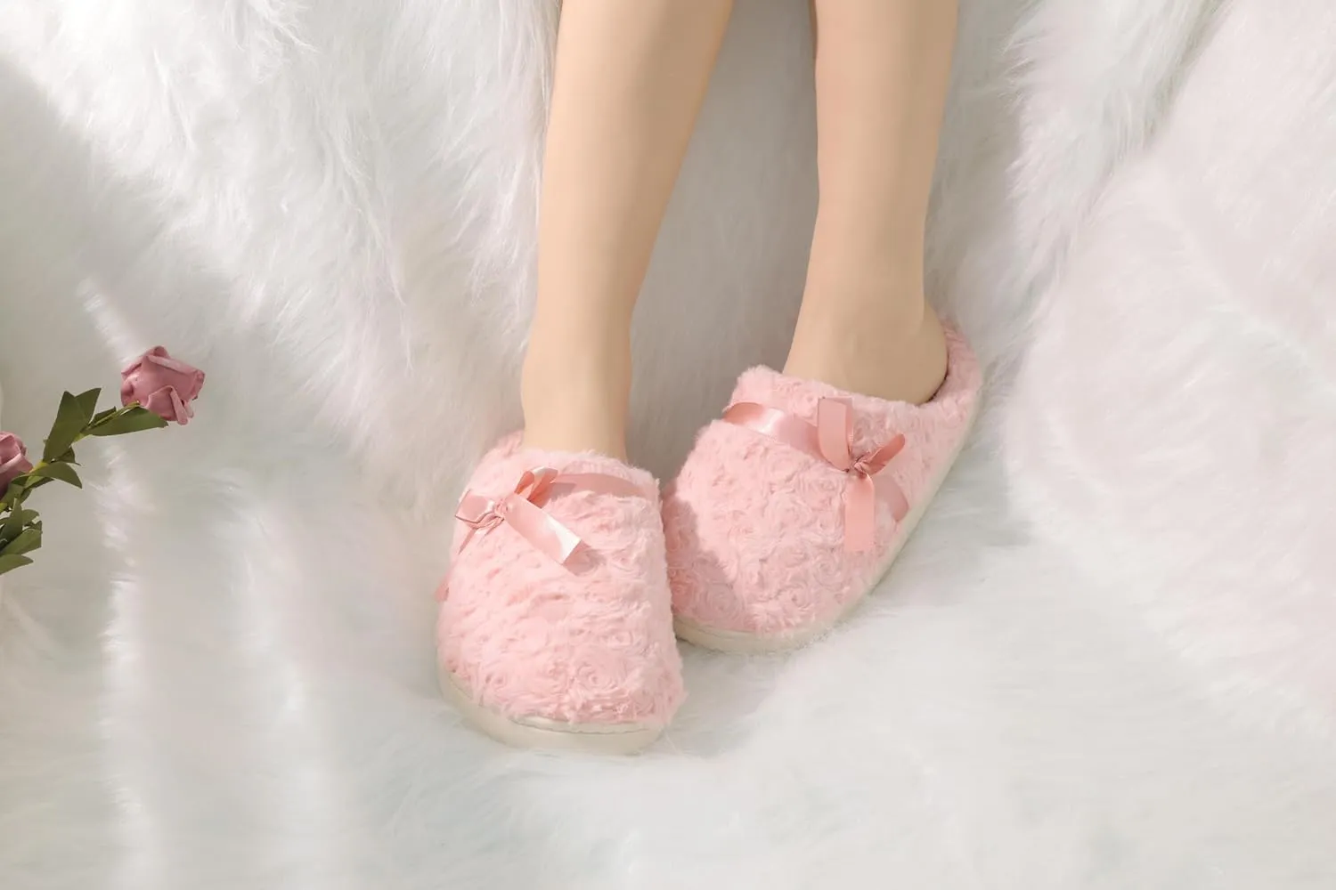 DCLTD Fluffy House Slippers for Women Flower Bedroom Shoes Cozy Warm Slip on Indoor and Outdoor Winter Shoes Super Soft Rose Slippers Christmas Gifts