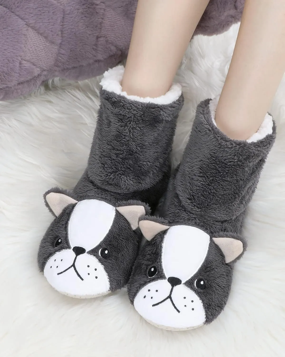 DICUIRD Animal Slipper Socks with Grippers for Women,Winter Cozy&Comfy Boot Slippers for Women