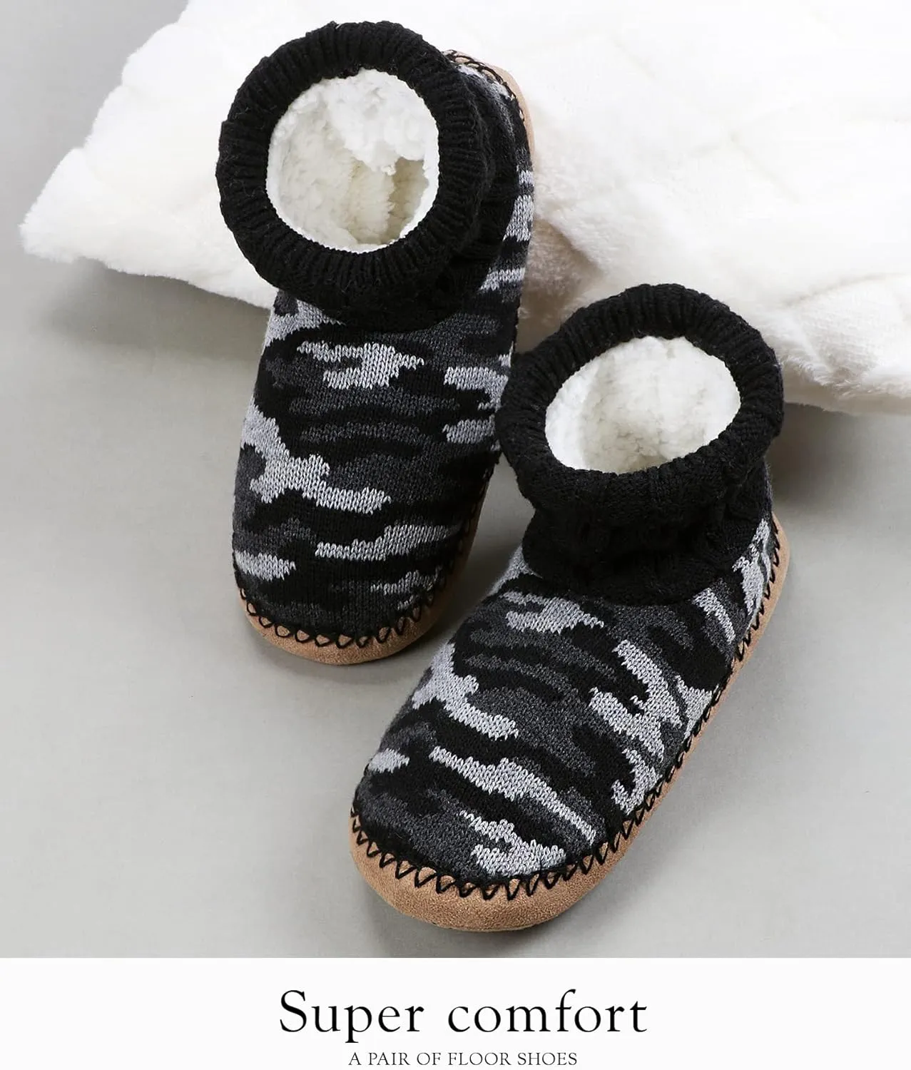 DICUIRD Slipper Socks for Mens,Fuzzy Sherpa Lined Socks with Soft Soles,Cozy Warm House Indoor Booties with Non Slip Bottoms, Mens Winter Christmas Gifts