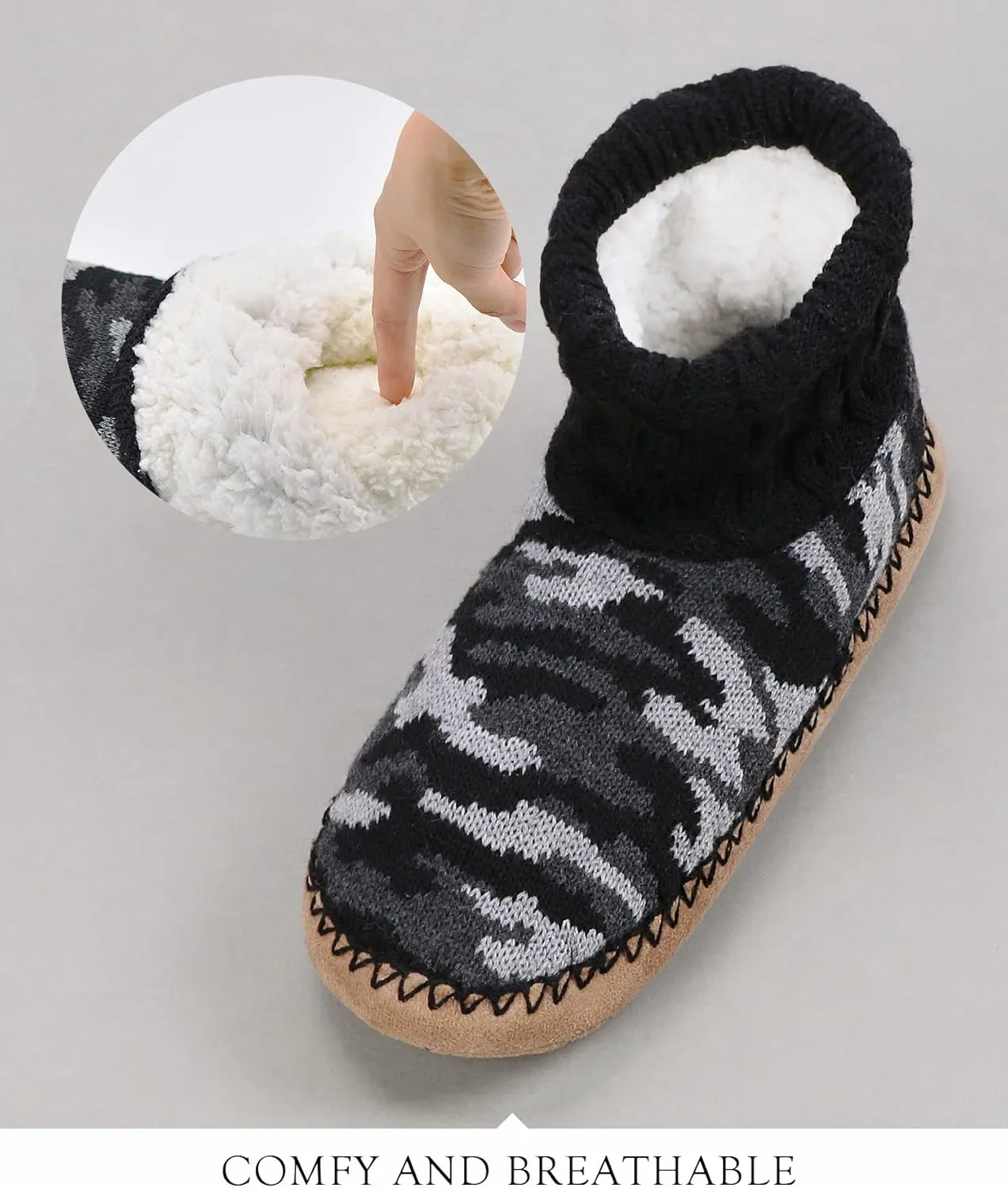 DICUIRD Slipper Socks for Mens,Fuzzy Sherpa Lined Socks with Soft Soles,Cozy Warm House Indoor Booties with Non Slip Bottoms, Mens Winter Christmas Gifts