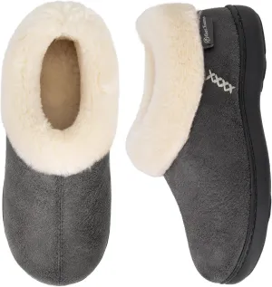 EverFoams Women's Micro Suede Cozy Memory Foam Winter Slippers with Fuzzy Faux Fur Collar and Indoor Outdoor Rubber Sole