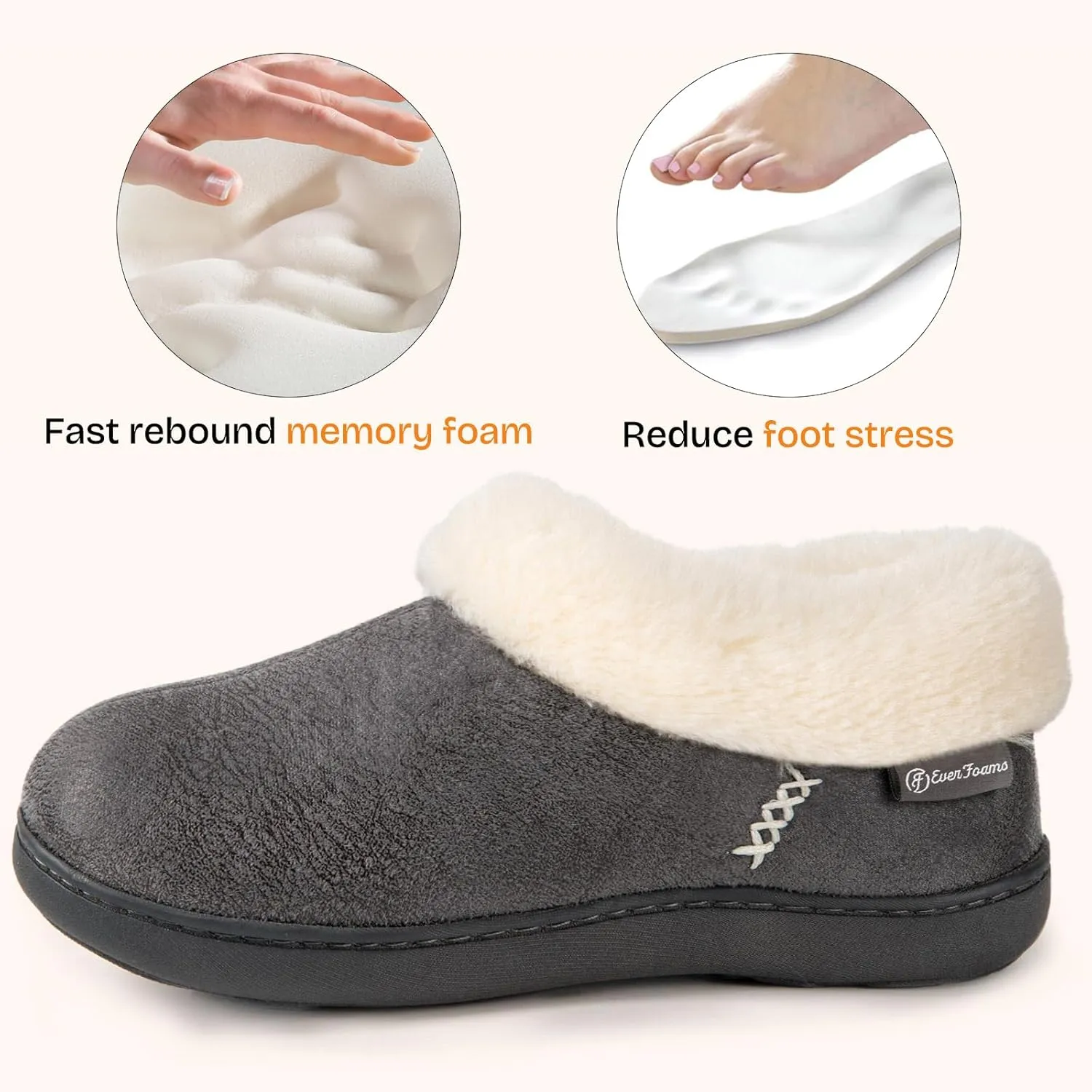 EverFoams Women's Micro Suede Cozy Memory Foam Winter Slippers with Fuzzy Faux Fur Collar and Indoor Outdoor Rubber Sole