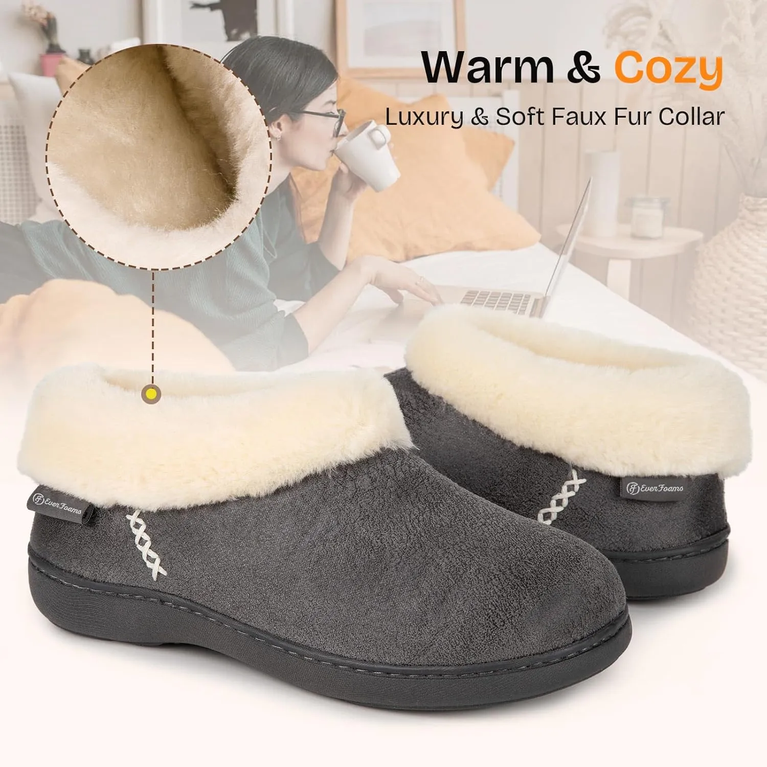 EverFoams Women's Micro Suede Cozy Memory Foam Winter Slippers with Fuzzy Faux Fur Collar and Indoor Outdoor Rubber Sole