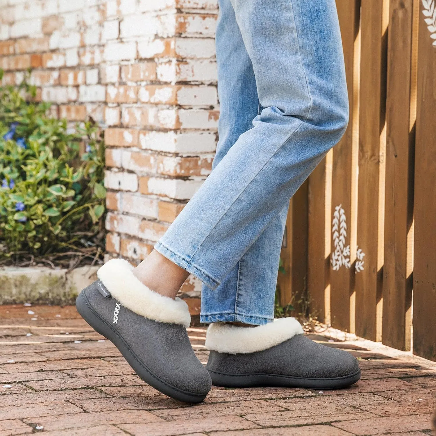 EverFoams Women's Micro Suede Cozy Memory Foam Winter Slippers with Fuzzy Faux Fur Collar and Indoor Outdoor Rubber Sole