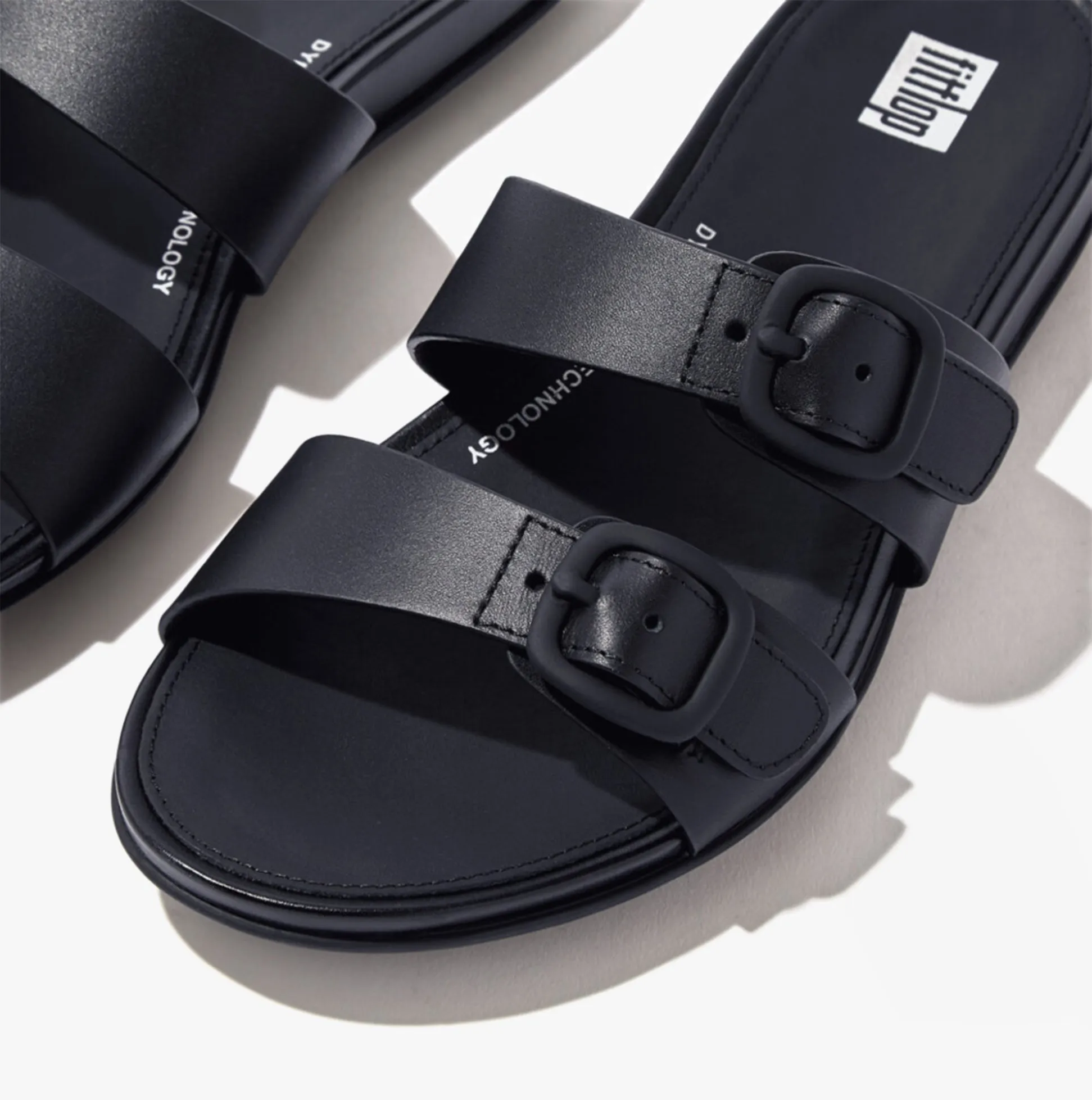 FitFlop GRACIE Womens Rubber-Buckle Leather Two-Bar Sliders Midnight Navy