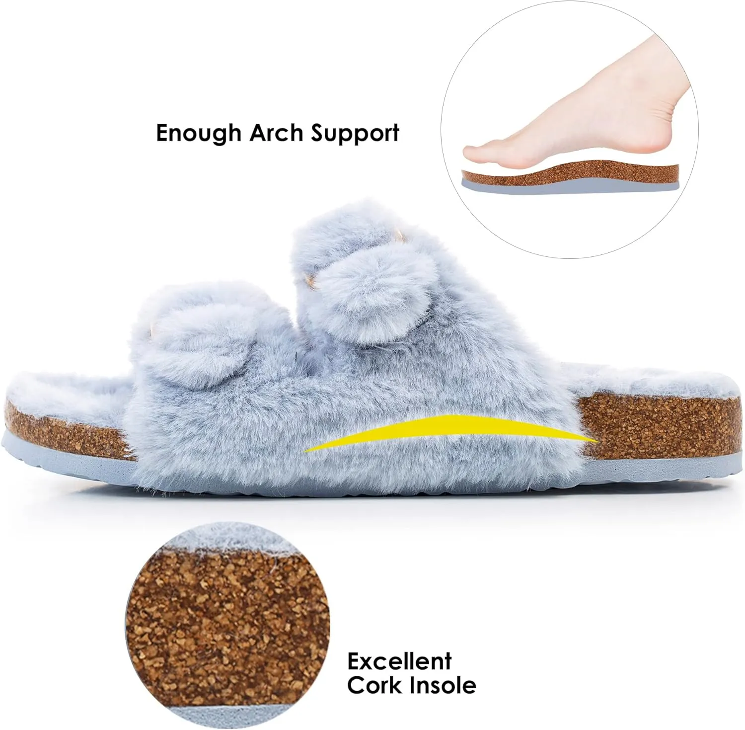 FITORY Womens Open Toe Slipper with Cozy Lining,Faux Rabbit Fur Cork Slide Sandals Size 6-11