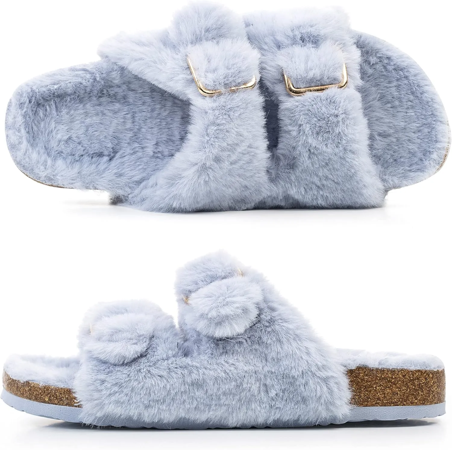 FITORY Womens Open Toe Slipper with Cozy Lining,Faux Rabbit Fur Cork Slide Sandals Size 6-11