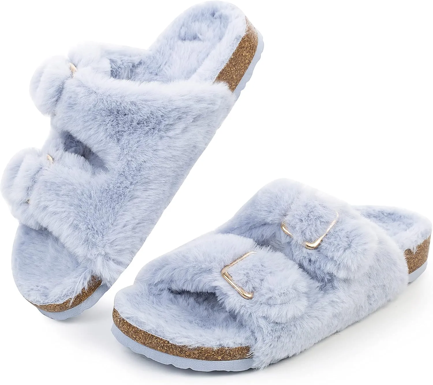FITORY Womens Open Toe Slipper with Cozy Lining,Faux Rabbit Fur Cork Slide Sandals Size 6-11