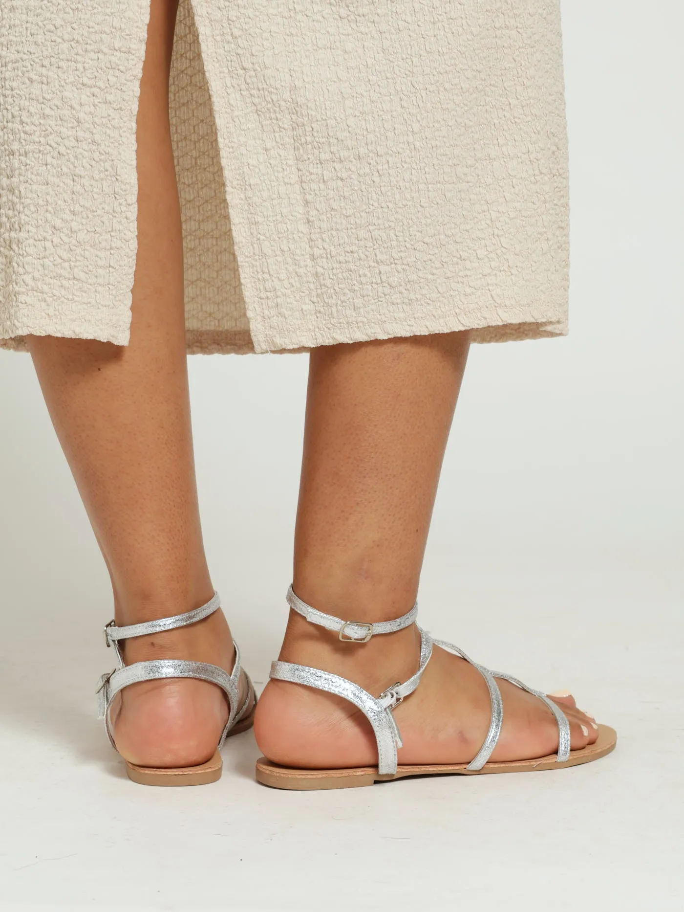 Flat Metallic Gladiator Sandal With Ankle Buckle - Silver