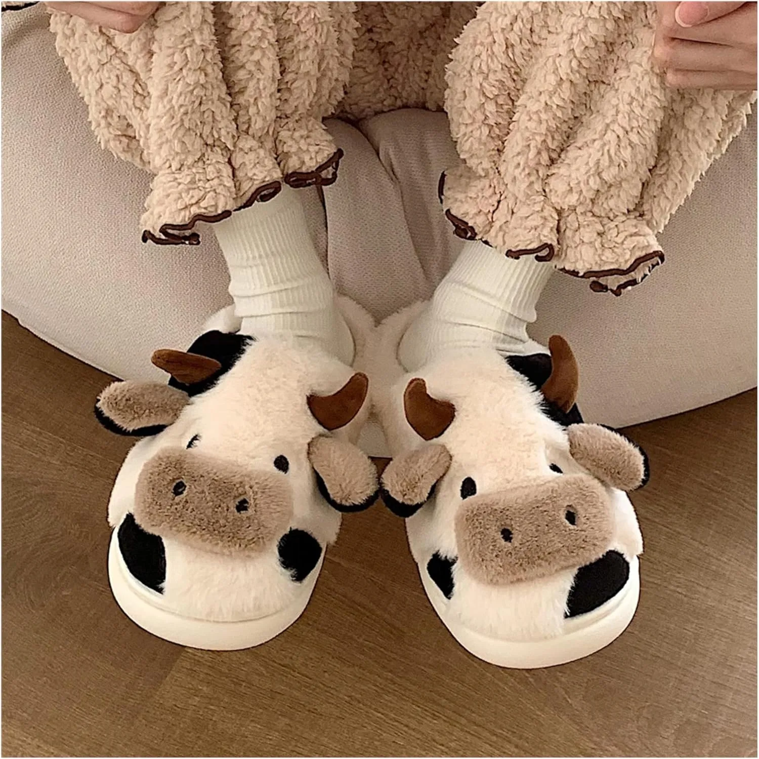 Floerns Women's Cartoon Cow Slippers Cute Cozy Fuzzy Closed Toe Animal House Slippers