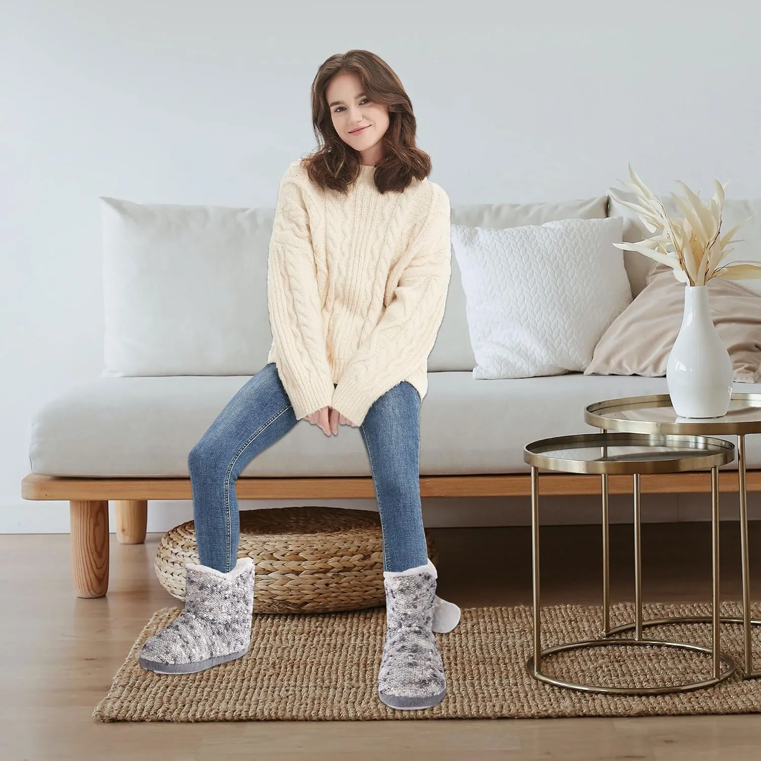 Forfoot Slippers Womens Indoor Slipper Boots for Ladies Girls with Knitted Upper and Bow