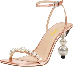 FSJ Women High Heels Sandals Open Toe Gorgeous Pearl Heel Sandals Ankle Strap with Rhinestones Buckle Fashion Pump Bridal Wedding Party Dress Shoes Size 4-16 US