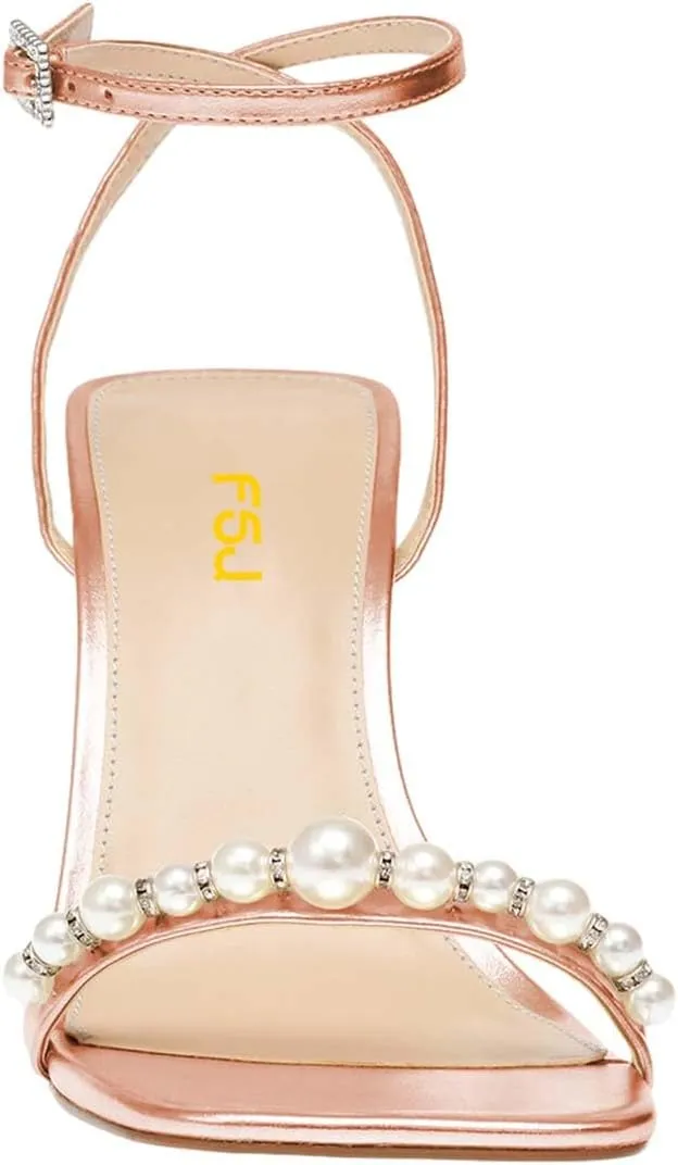 FSJ Women High Heels Sandals Open Toe Gorgeous Pearl Heel Sandals Ankle Strap with Rhinestones Buckle Fashion Pump Bridal Wedding Party Dress Shoes Size 4-16 US