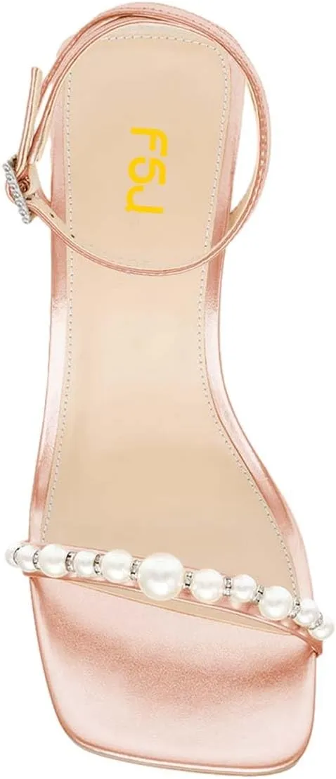FSJ Women High Heels Sandals Open Toe Gorgeous Pearl Heel Sandals Ankle Strap with Rhinestones Buckle Fashion Pump Bridal Wedding Party Dress Shoes Size 4-16 US