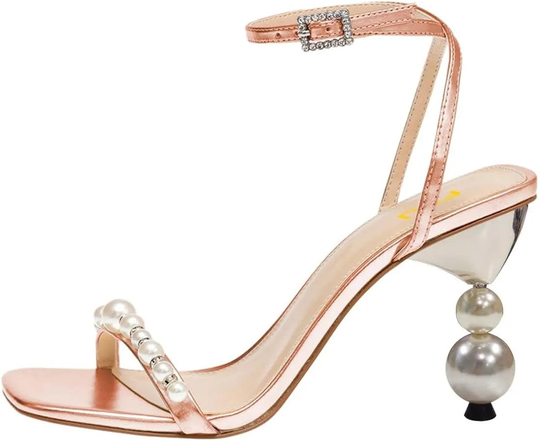 FSJ Women High Heels Sandals Open Toe Gorgeous Pearl Heel Sandals Ankle Strap with Rhinestones Buckle Fashion Pump Bridal Wedding Party Dress Shoes Size 4-16 US