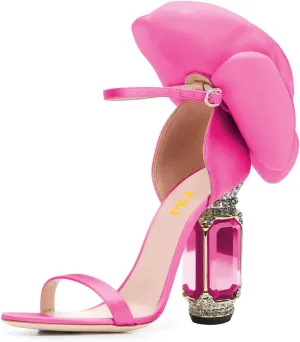 FSJ Women Open Toe Crystal Block Heels Sandals with Flower Bloom Back Ankle Strap Buckle Silk Satin Chunky Thick High Heels Wedding Party Pump Shoes Size 4-16 US