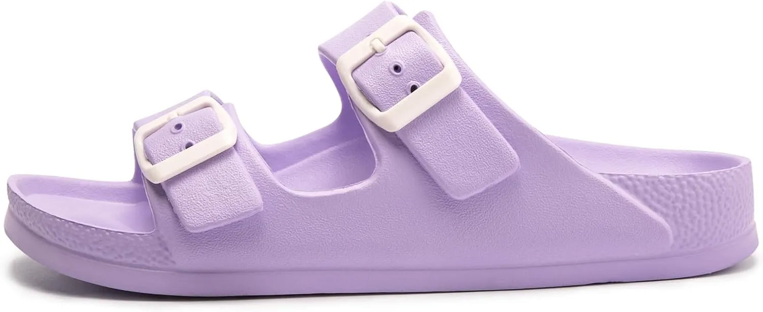 FUNKYMONKEY Women's Comfort Slides Double Buckle Adjustable Plastics Flat Sandals