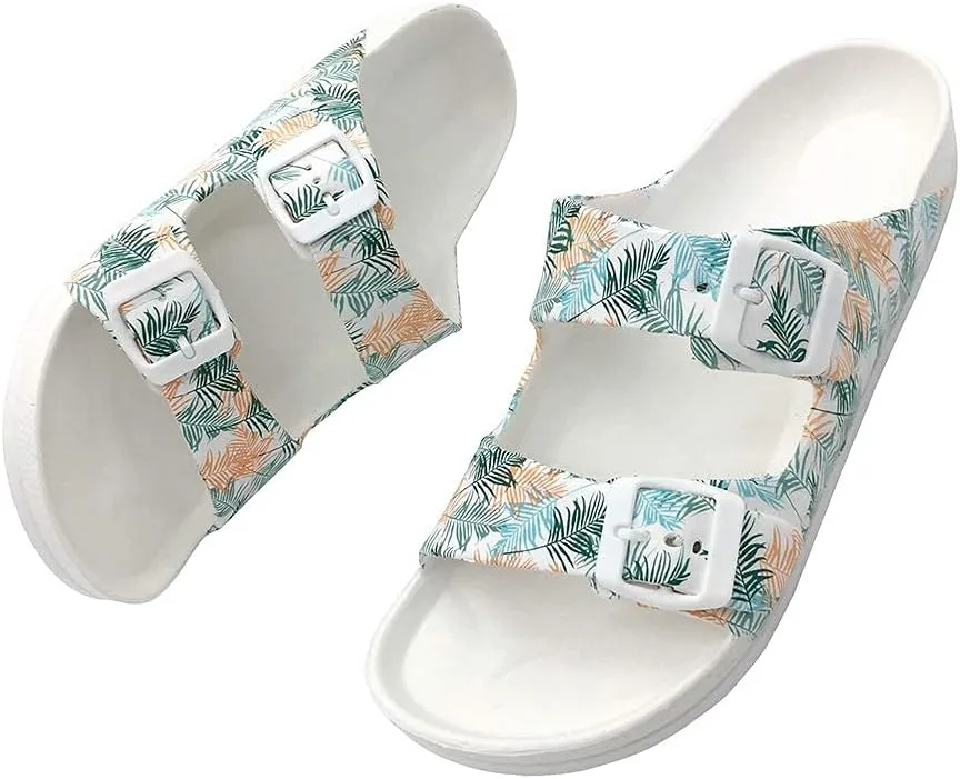 FUNKYMONKEY Women's Comfort Slides Double Buckle Adjustable Plastics Flat Sandals