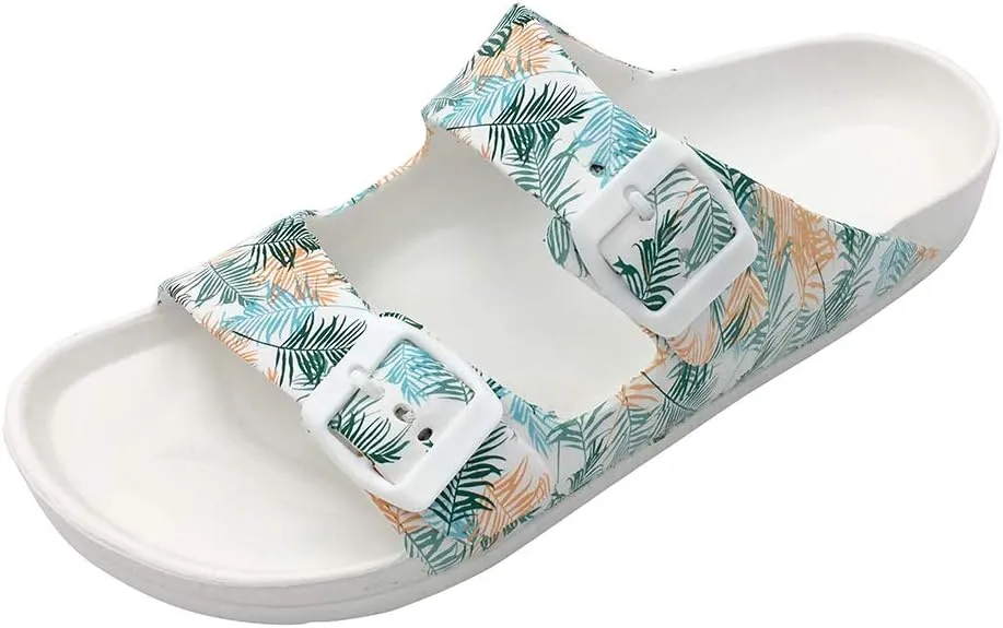 FUNKYMONKEY Women's Comfort Slides Double Buckle Adjustable Plastics Flat Sandals