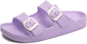 FUNKYMONKEY Women's Comfort Slides Double Buckle Adjustable Plastics Flat Sandals