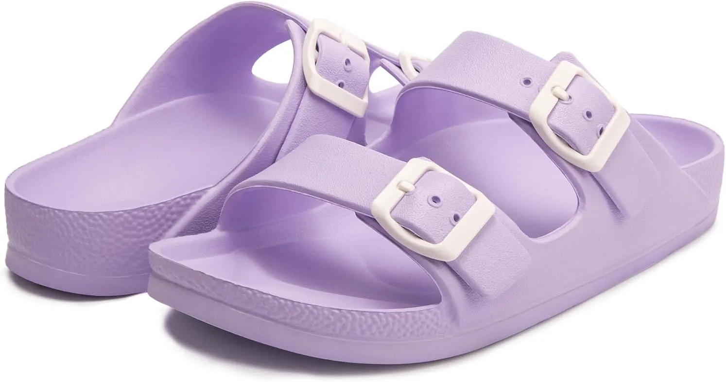 FUNKYMONKEY Women's Comfort Slides Double Buckle Adjustable Plastics Flat Sandals