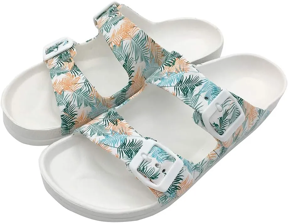 FUNKYMONKEY Women's Comfort Slides Double Buckle Adjustable Plastics Flat Sandals