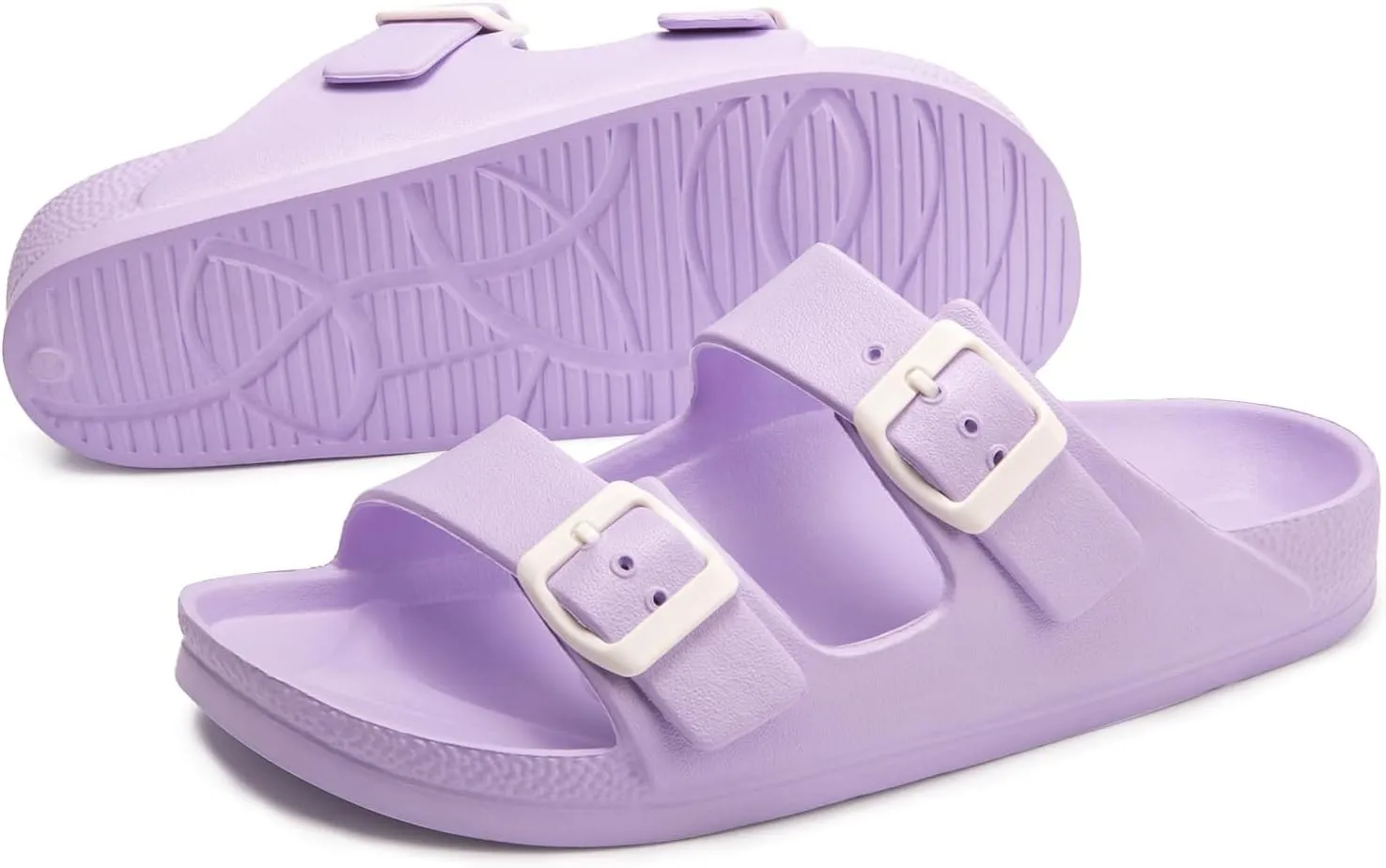 FUNKYMONKEY Women's Comfort Slides Double Buckle Adjustable Plastics Flat Sandals