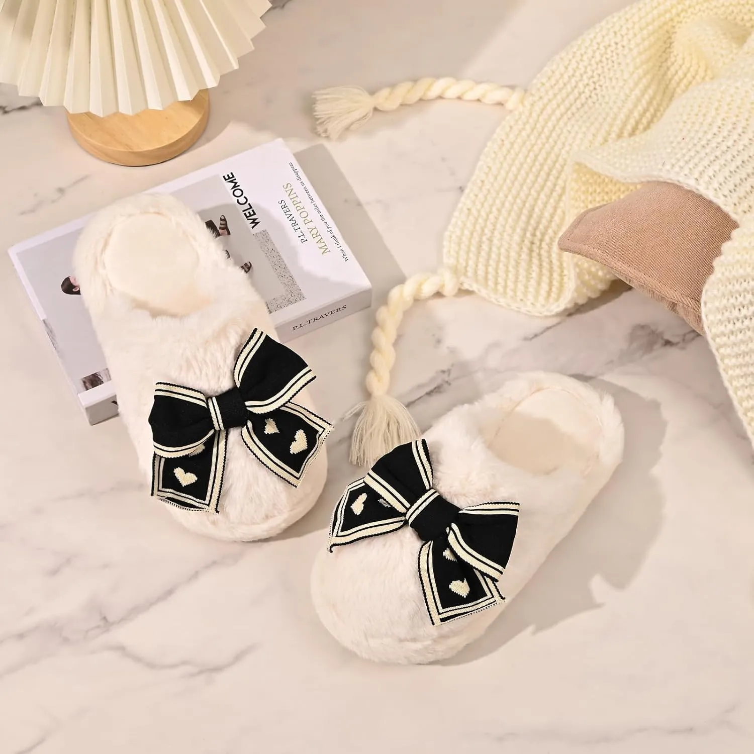 Fuzzy Knitted Bow Slippers for Women, Winter Bedroom Warm Fur Lined Slippers with Anti-Skid Sole, Cozy House Home Slip-On Shoes