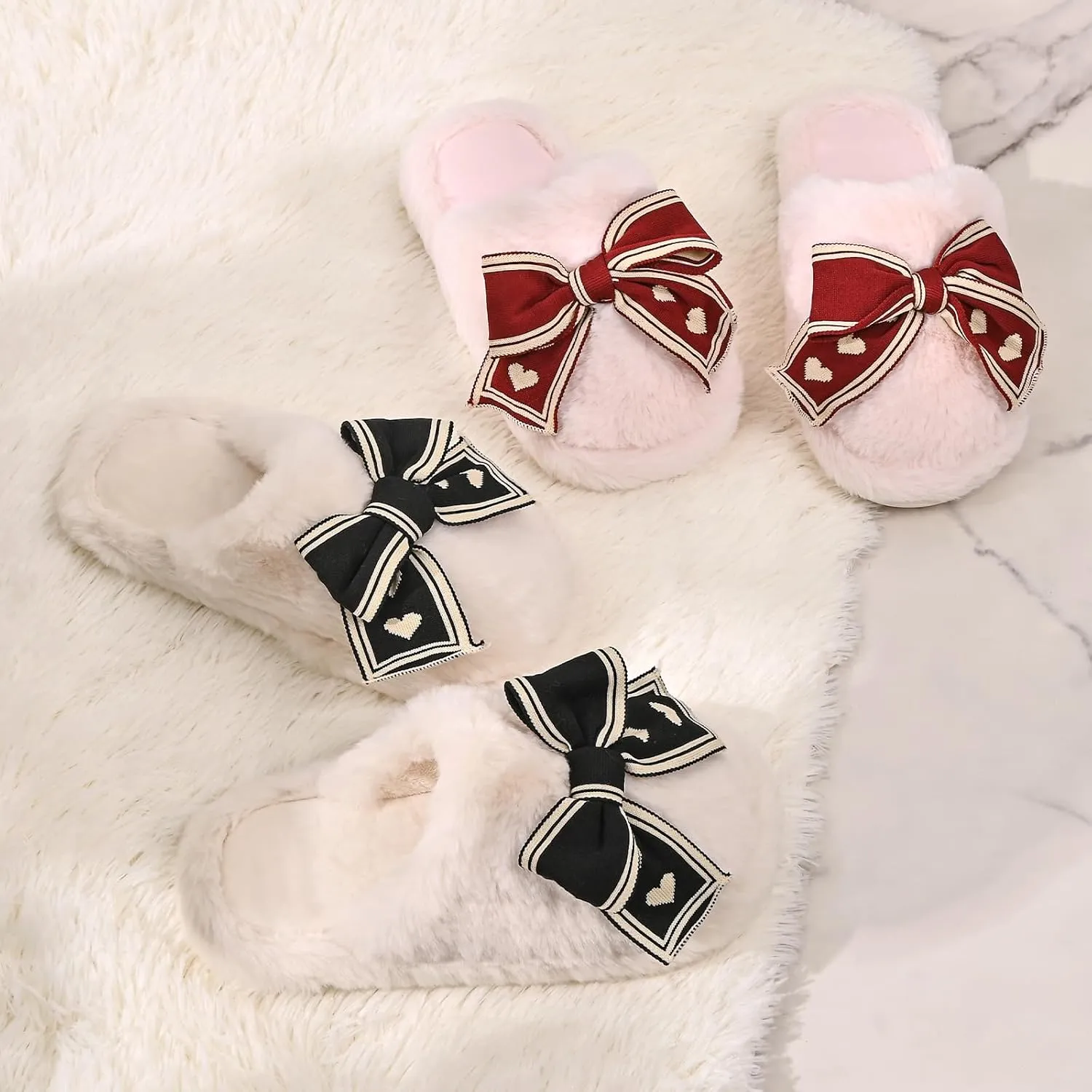 Fuzzy Knitted Bow Slippers for Women, Winter Bedroom Warm Fur Lined Slippers with Anti-Skid Sole, Cozy House Home Slip-On Shoes